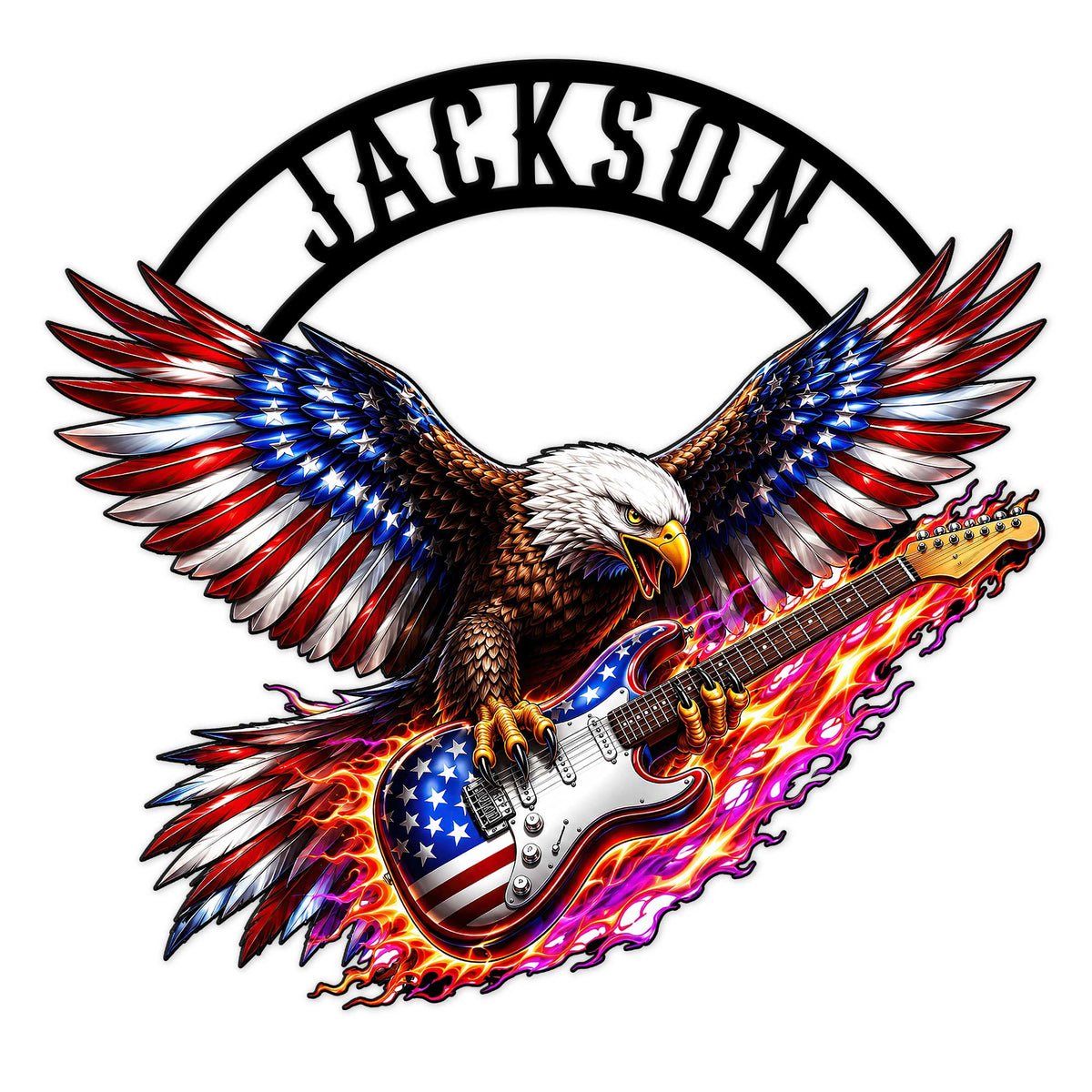 Patriotic guitar metal sign featuring a soaring eagle, American flag colors, and vivid flames