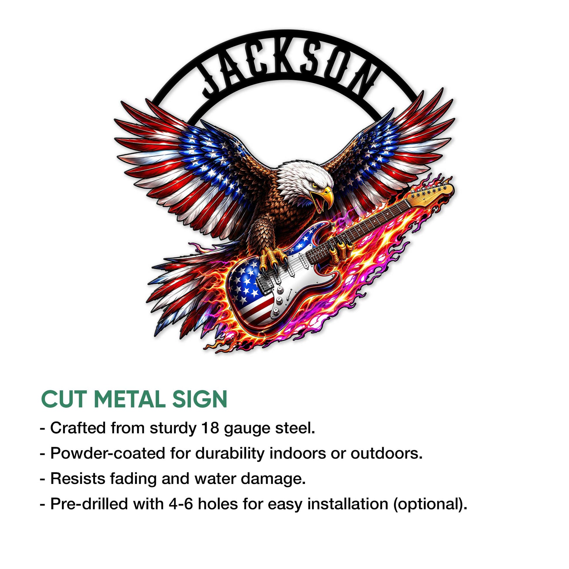 Cut metal guitar sign with an eagle gripping a flag-inspired electric guitar in bold red, white, and blue