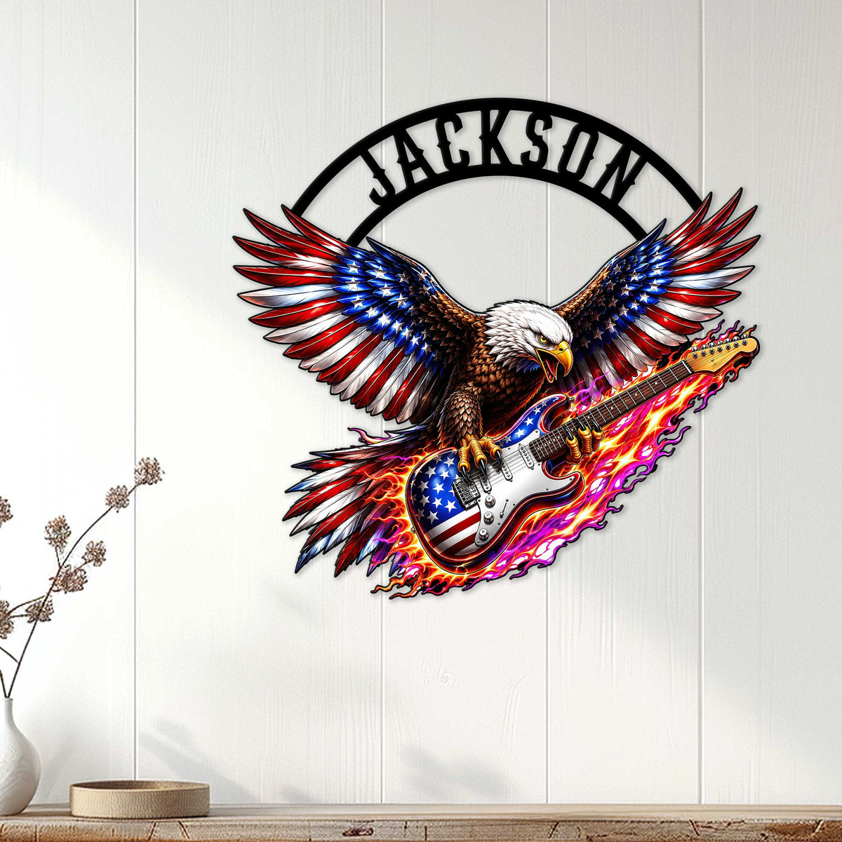 Patriotic eagle guitar wall decor displayed on a white paneled wall in a music room setting