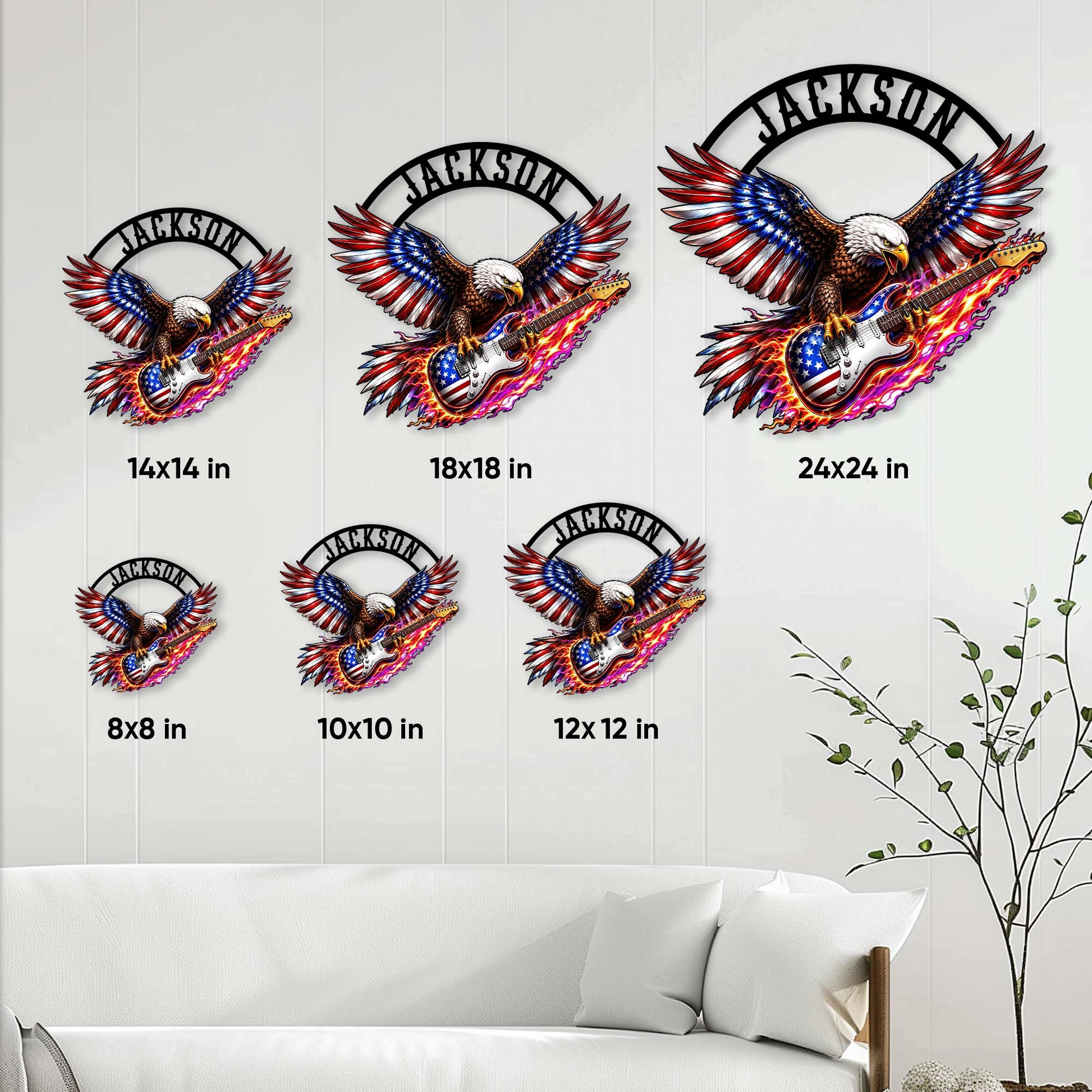 Guitar metal sign size guide showing available square sizes from 8 by 8 to 24 by 24 inches