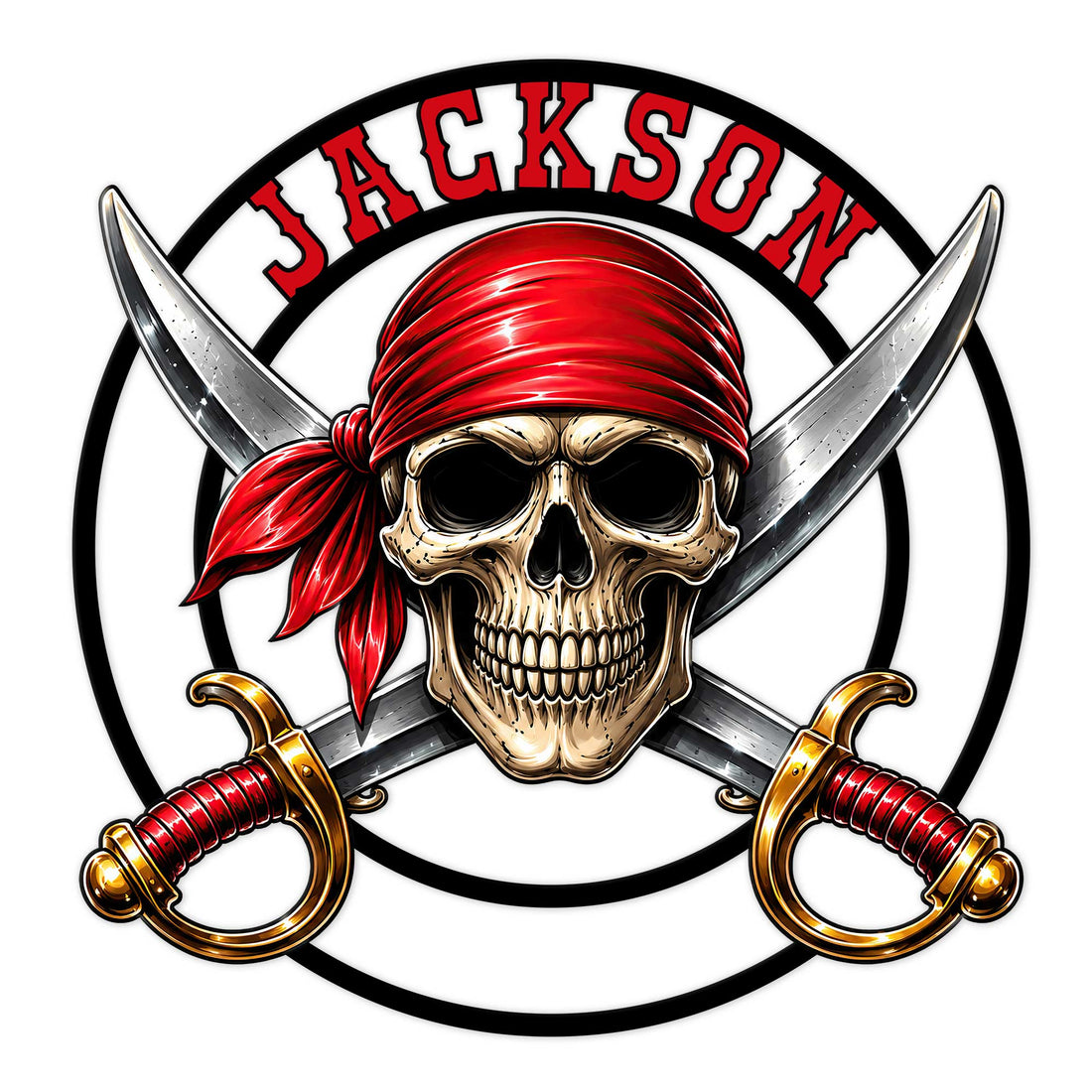 Pirate metal sign featuring a skull in a red bandana with crossed swords and cutlass handles