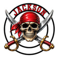 Pirate metal sign featuring a skull in a red bandana with crossed swords and cutlass handles