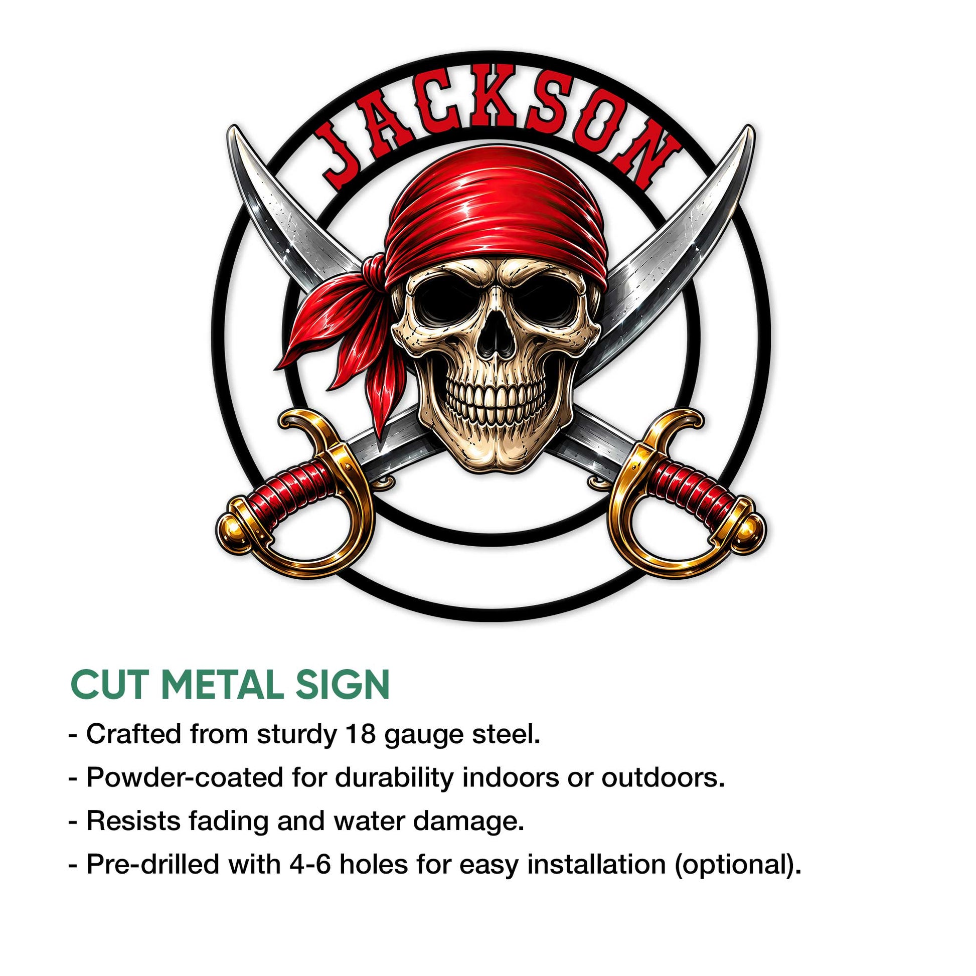 Pirate skull metal sign shown with a cut-metal construction and crossed sword artwork