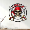 Pirate wall decor displayed on white paneling, featuring a colorful skull and crossed swords