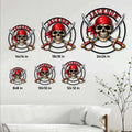 Pirate skull metal sign shown in multiple size options on a living room wall