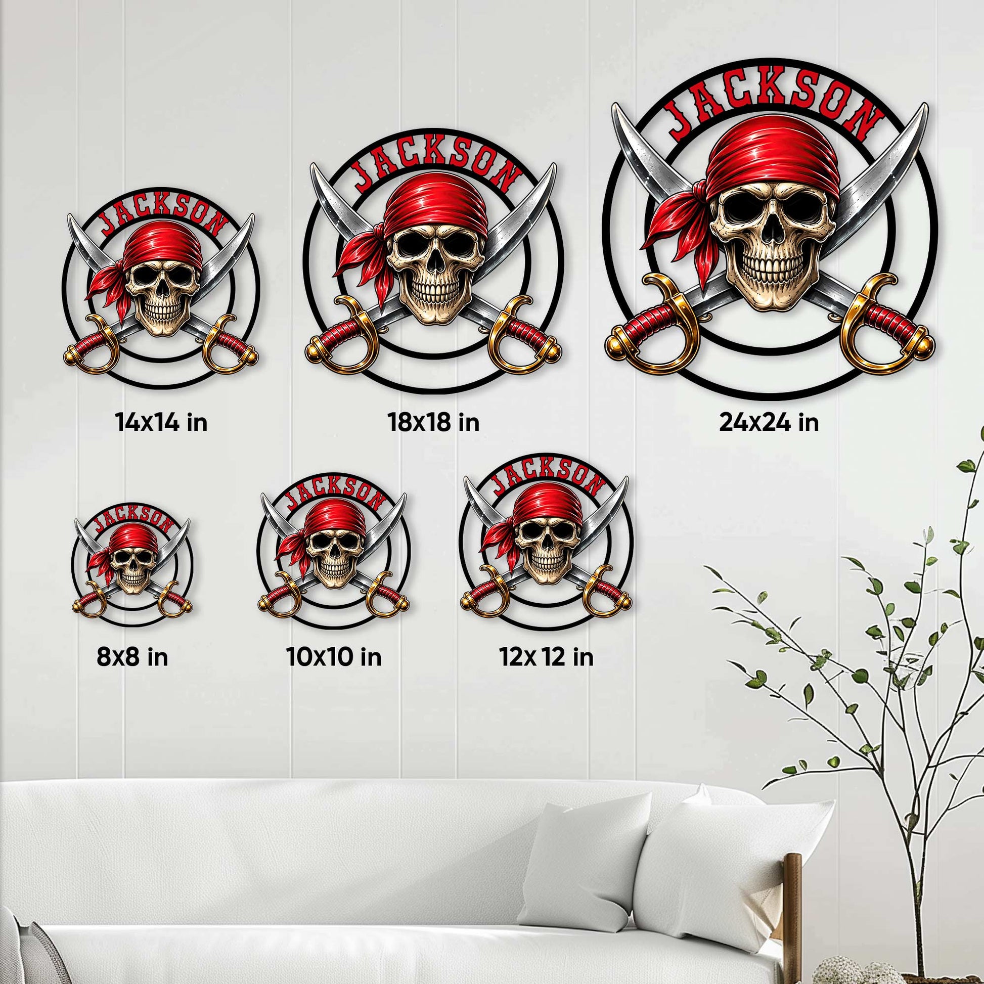 Pirate skull metal sign shown in multiple size options on a living room wall