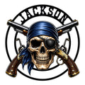 Pirate metal sign featuring a detailed skull in a blue bandana, eyepatch, crossed pistols, and circular border