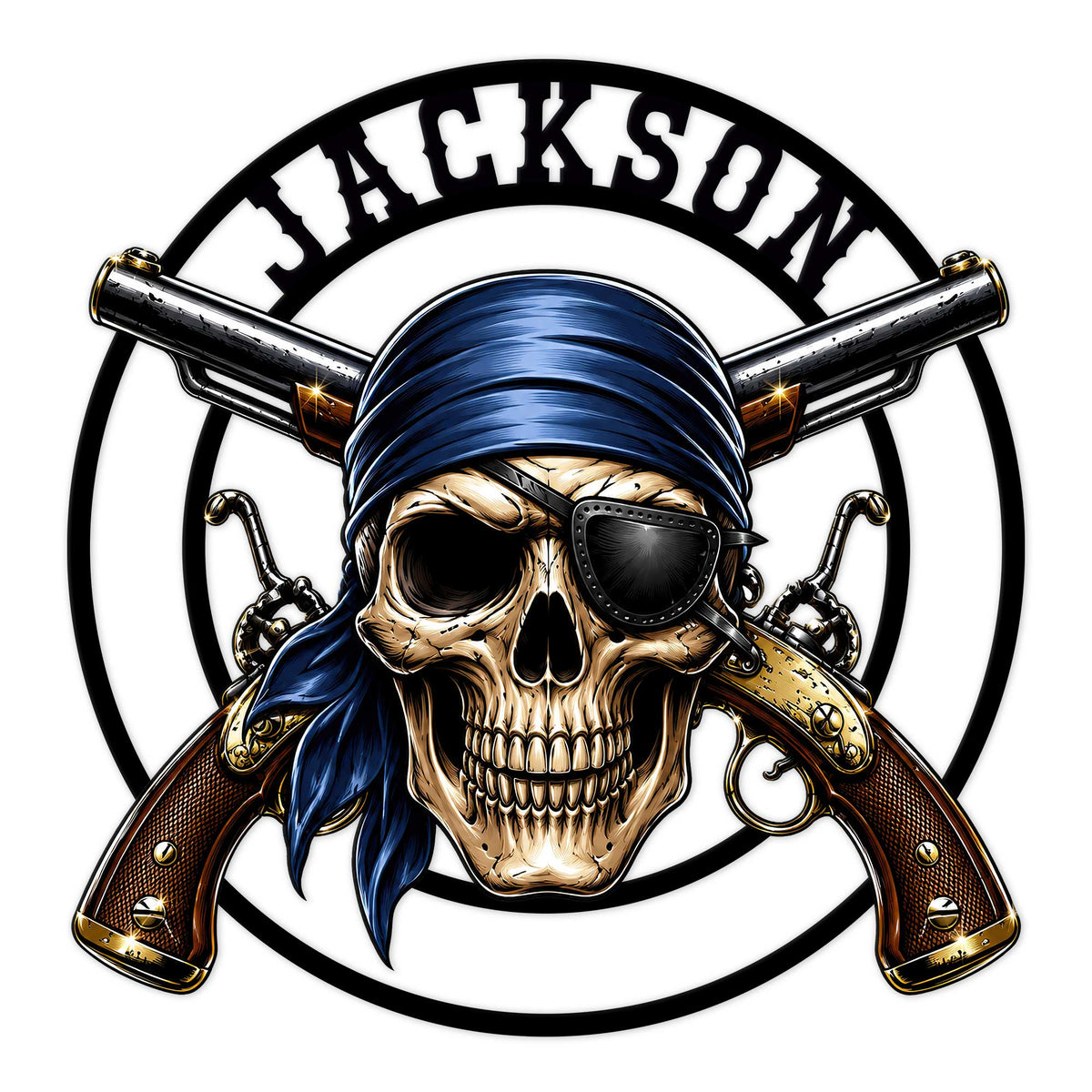 Pirate metal sign featuring a detailed skull in a blue bandana, eyepatch, crossed pistols, and circular border