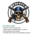 Pirate skull cut metal sign shown with its bold artwork and indoor or outdoor display features