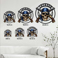 Pirate skull metal sign size guide showing multiple square dimensions in a living room setting
