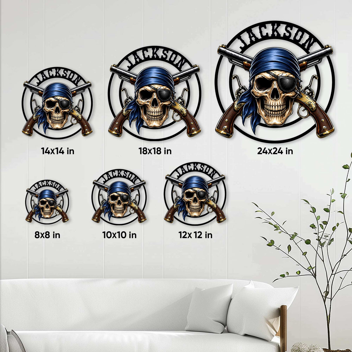Pirate skull metal sign size guide showing multiple square dimensions in a living room setting