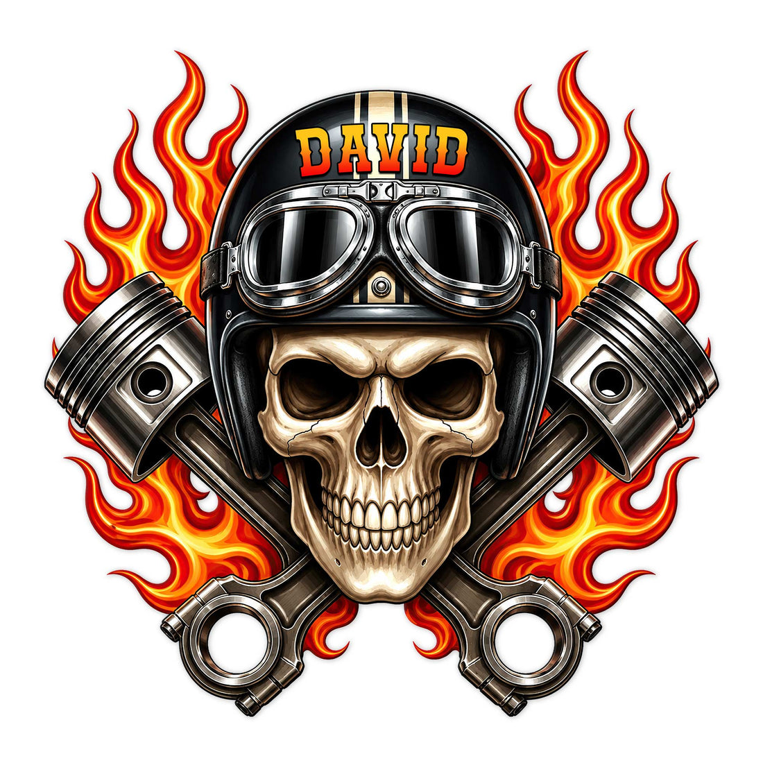 Custom biker metal sign featuring a skull in a motorcycle helmet with goggles, crossed pistons, and blazing flames