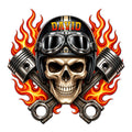 Custom biker metal sign featuring a skull in a motorcycle helmet with goggles, crossed pistons, and blazing flames