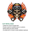 Biker skull metal sign shown as a bold cut-metal wall decor design with crossed engine pistons and bright flames