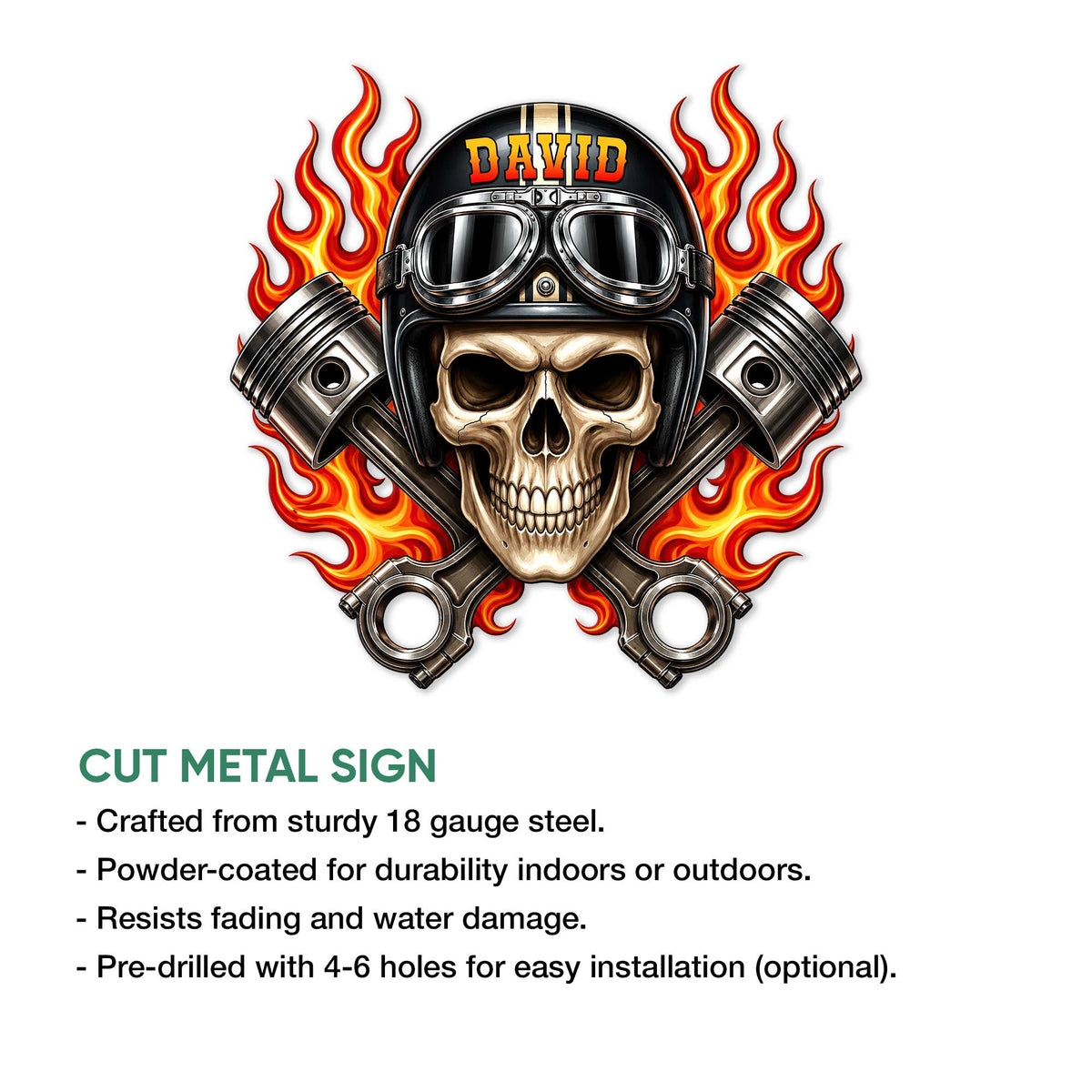 Biker skull metal sign shown as a bold cut-metal wall decor design with crossed engine pistons and bright flames