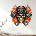Biker skull wall sign displayed on a paneled wall, creating dramatic garage or man cave decor