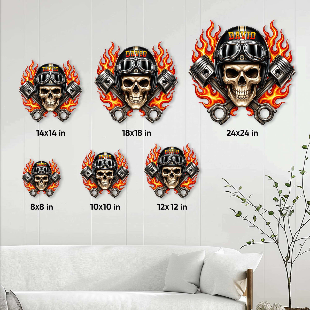Biker skull metal sign size guide showing available square sizes from 8 by 8 to 24 by 24 inches