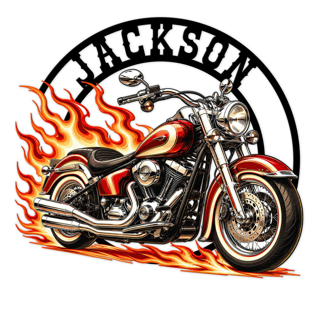 Biker metal sign featuring a red motorcycle surrounded by vivid flames and bold vintage-style lettering