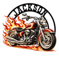 Biker metal sign featuring a red motorcycle surrounded by vivid flames and bold vintage-style lettering
