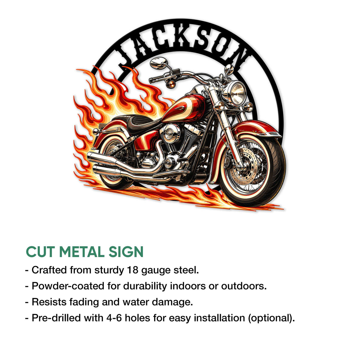 Flame motorcycle biker sign shown with a cut metal sign feature infographic