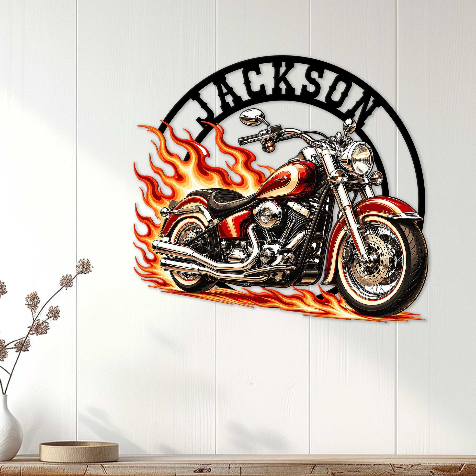 Red motorcycle metal wall sign displayed as biker decor on a light paneled wall