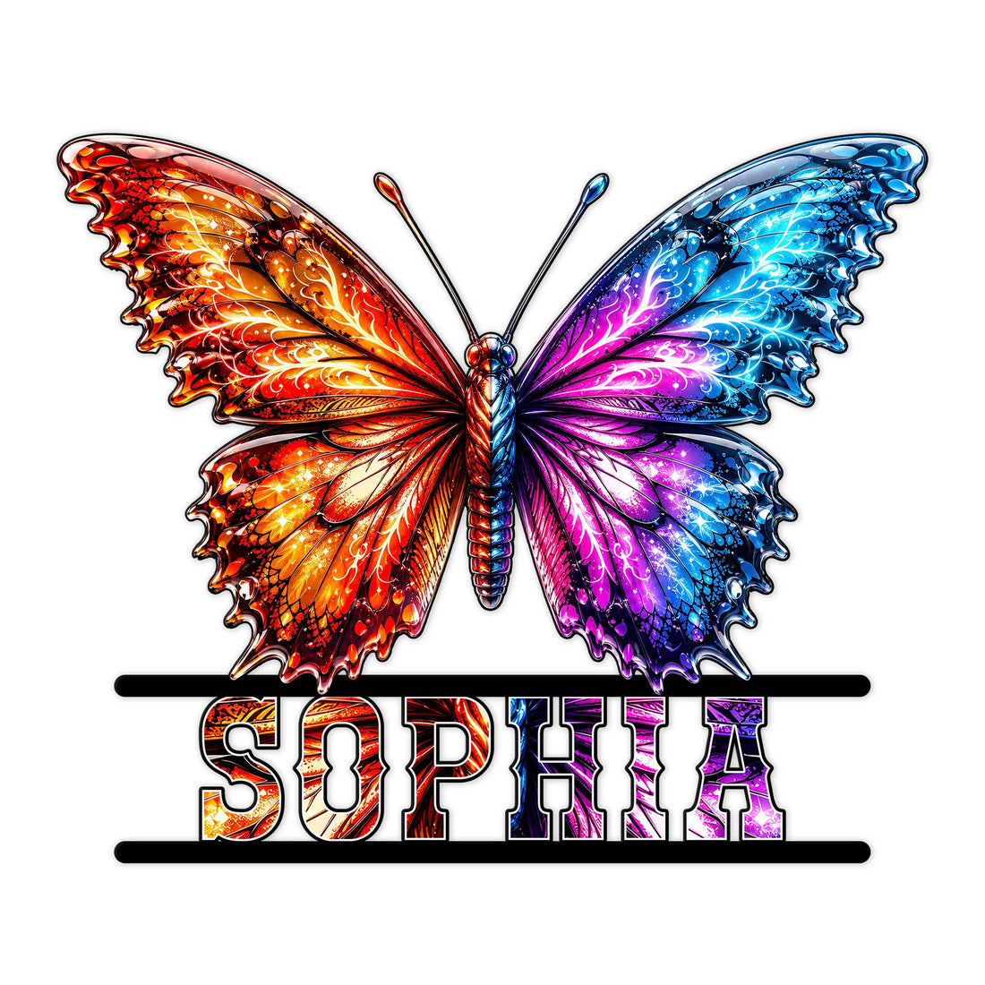 Colorful butterfly metal sign featuring vivid orange, pink, purple, and blue patterned wings