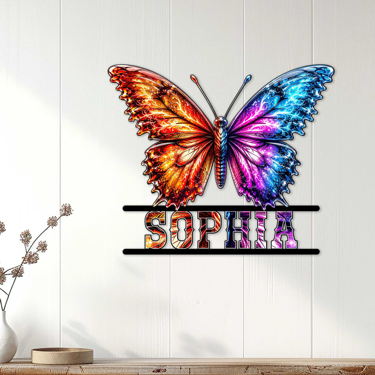 Vibrant butterfly metal wall decor displayed on a light wood-paneled living room wall