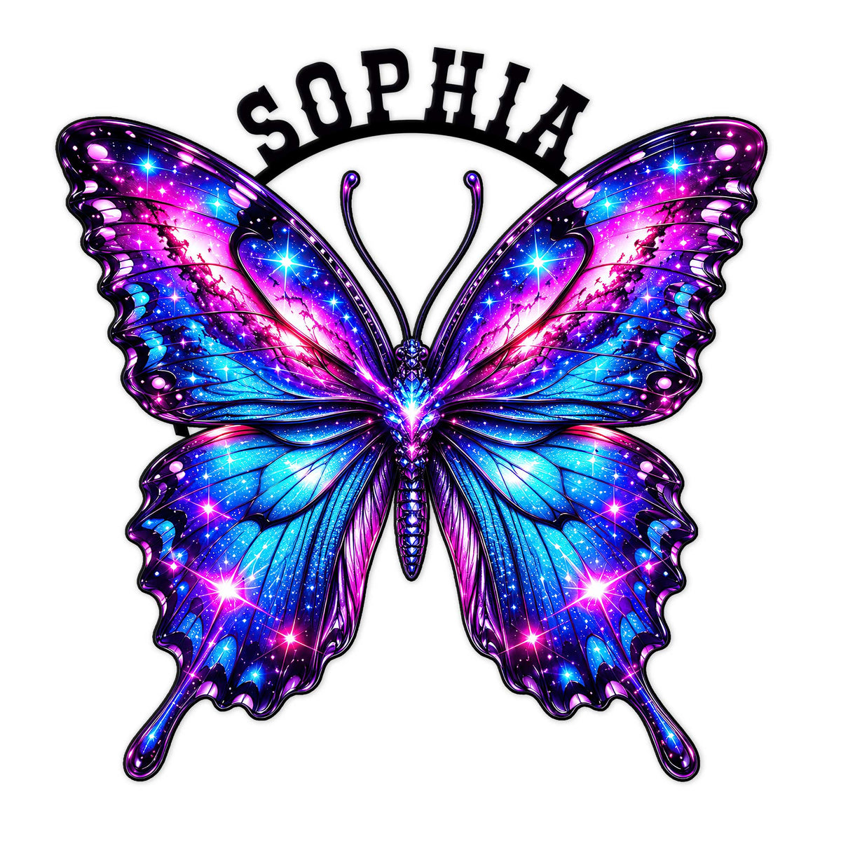 Vibrant galaxy butterfly metal sign with sparkling blue, pink, and purple wings