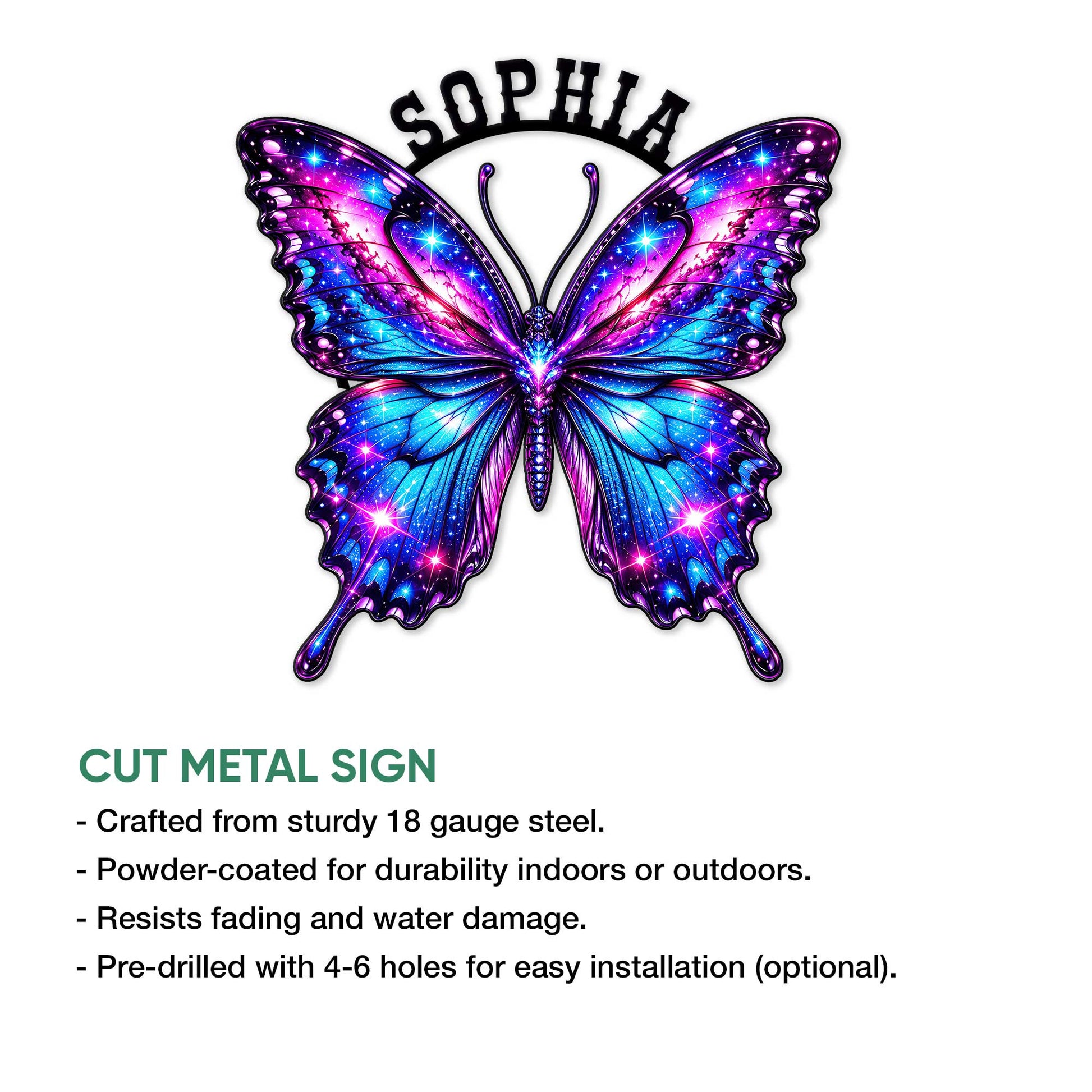 Galaxy butterfly cut metal sign shown in a product feature graphic