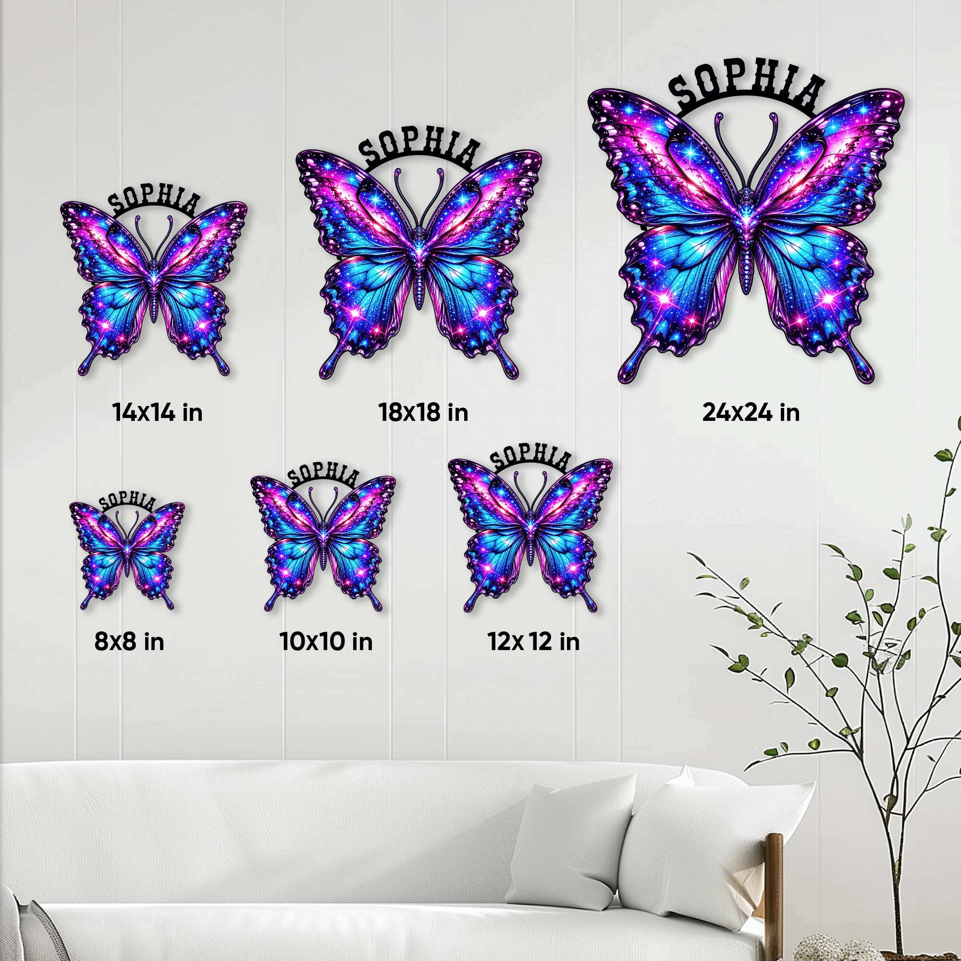 Butterfly metal sign size guide showing six available square size options
