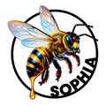Colorful bumblebee metal sign with iridescent wings, bold circular border, and vivid golden and blue details