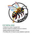 Bumblebee cut metal sign shown with product feature information and a circular wildlife-inspired design