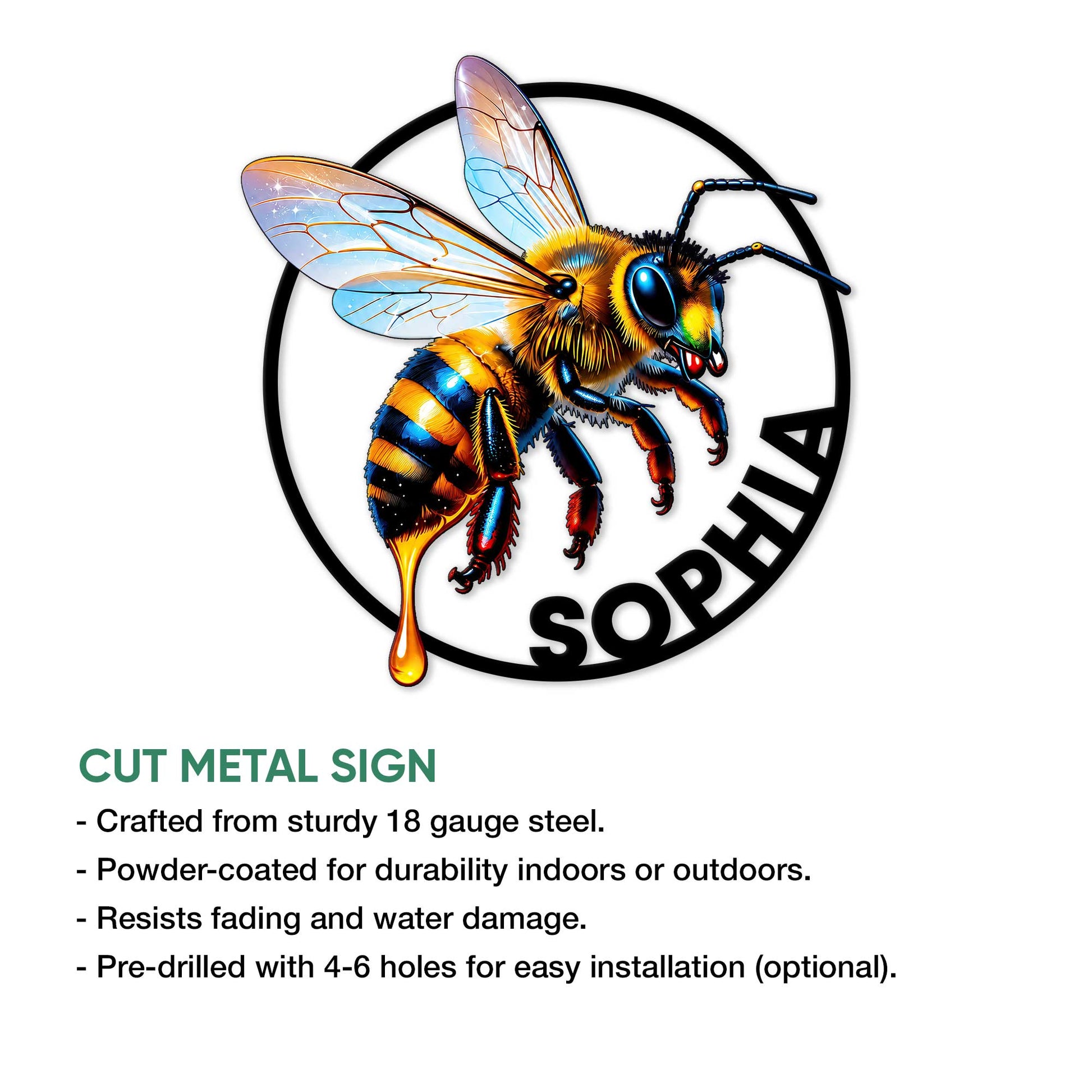 Bumblebee cut metal sign shown with product feature information and a circular wildlife-inspired design