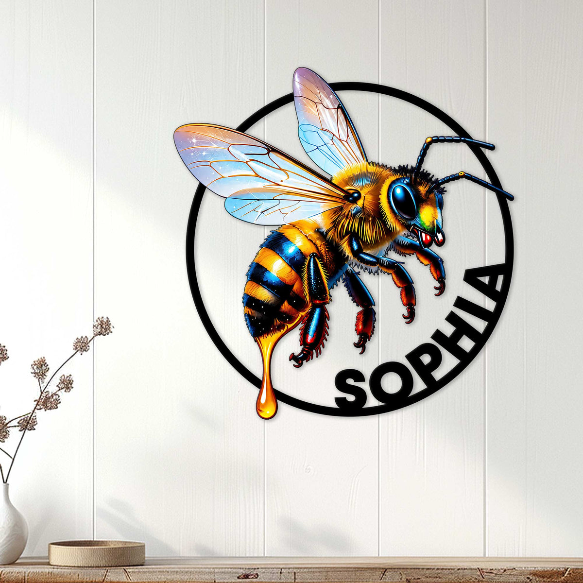 Bumblebee metal wall sign displayed on a light wood-paneled wall in a bright home decor setting