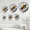 Bumblebee metal sign size guide showing several available square dimensions in a living room setting