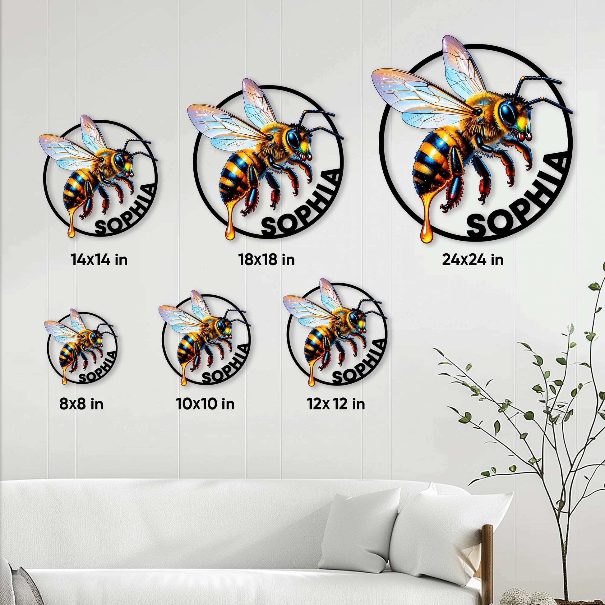 Bumblebee metal sign size guide showing several available square dimensions in a living room setting