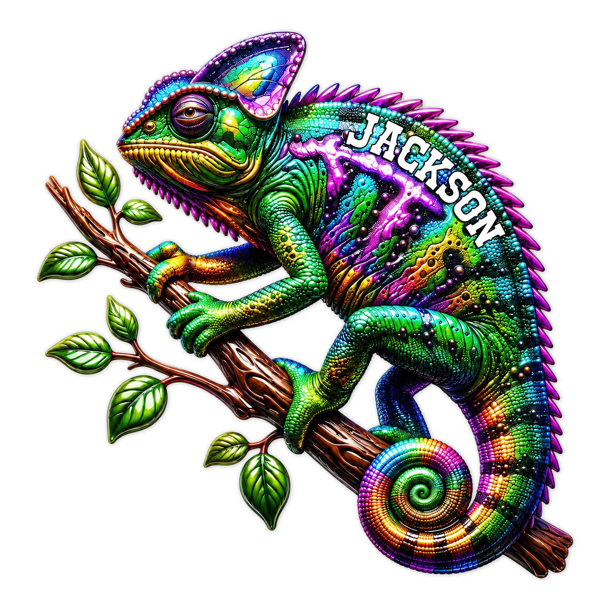 Vivid multicolor chameleon metal sign perched on a leafy branch with a curled tail