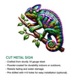 Colorful chameleon cut metal sign shown with product feature details for indoor or outdoor display