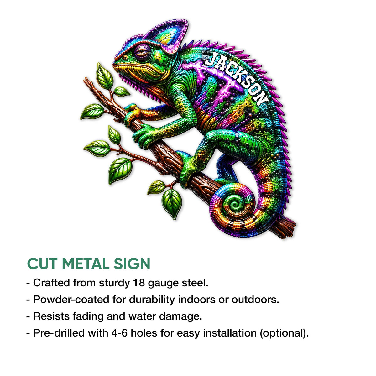 Colorful chameleon cut metal sign shown with product feature details for indoor or outdoor display