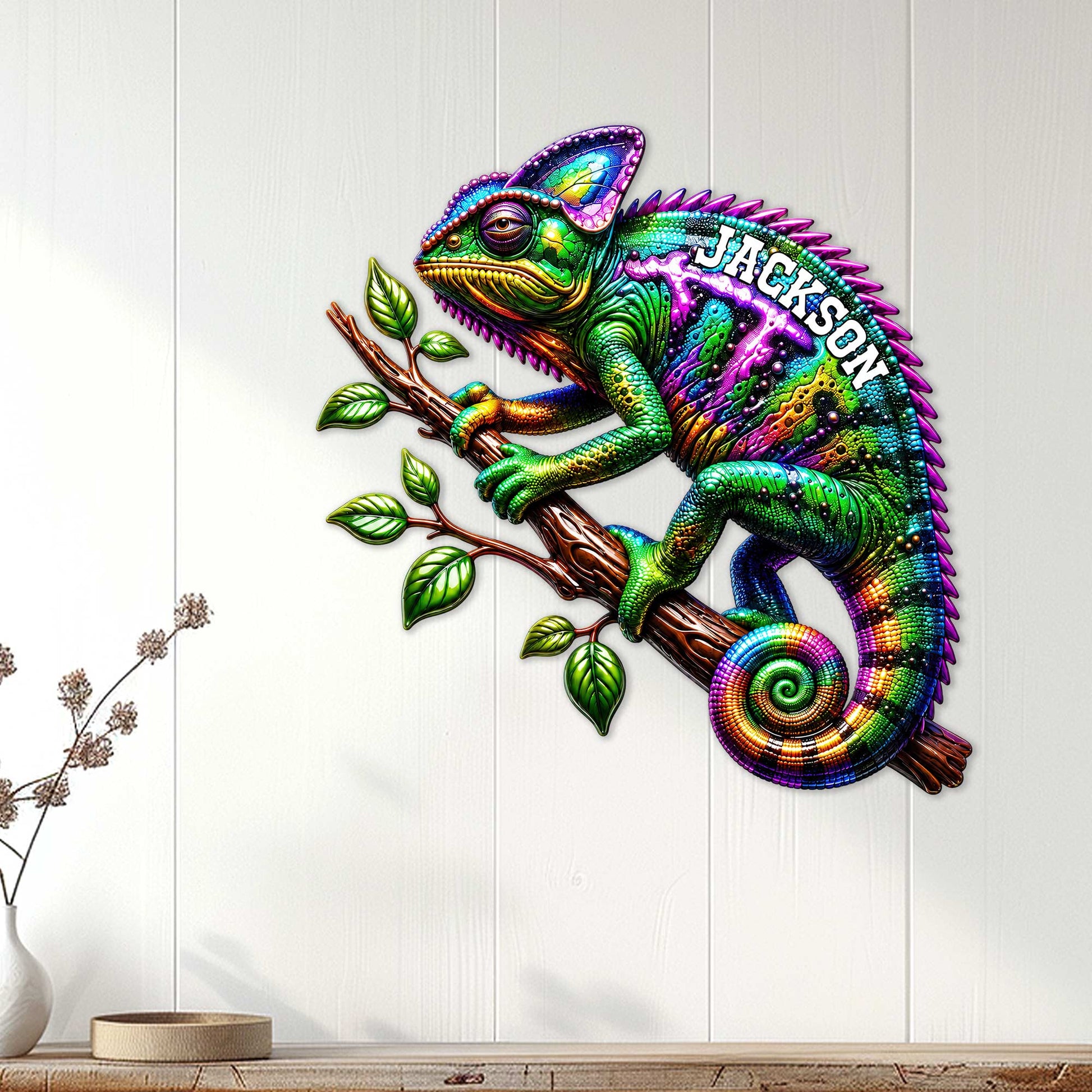 Bright chameleon metal wall sign displayed on a white paneled wall in a home decor setting