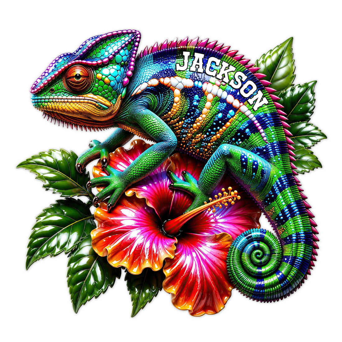 Vibrant chameleon metal sign featuring colorful scales, curled tail, tropical leaves, and a hibiscus flower