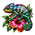 Vibrant chameleon metal sign featuring colorful scales, curled tail, tropical leaves, and a hibiscus flower