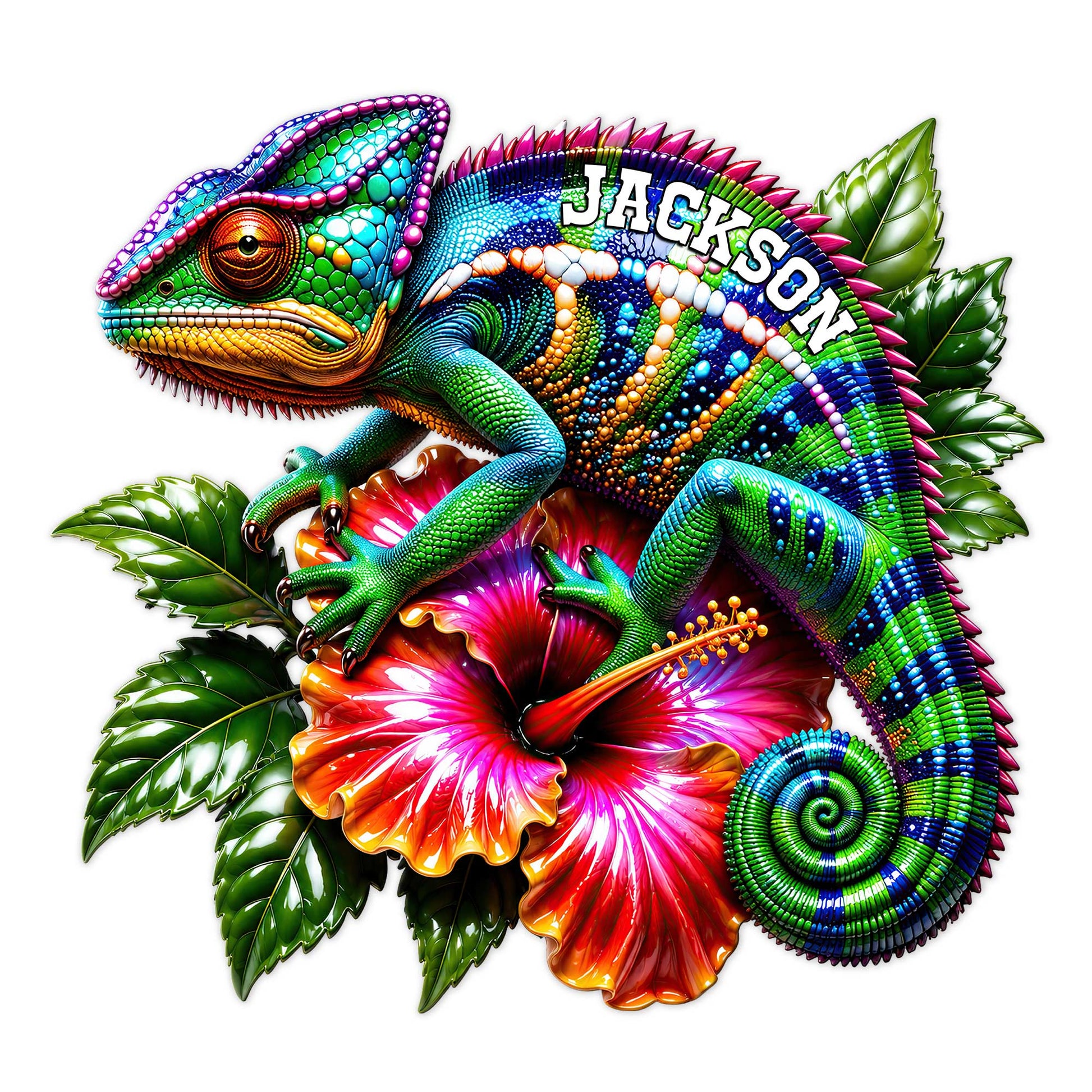 Vibrant chameleon metal sign featuring colorful scales, curled tail, tropical leaves, and a hibiscus flower