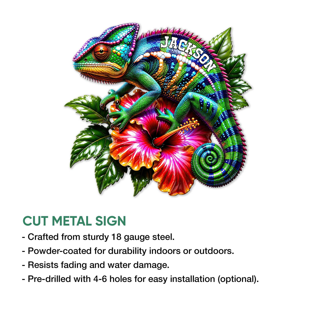 Colorful chameleon cut metal sign shown with tropical floral artwork and product feature details