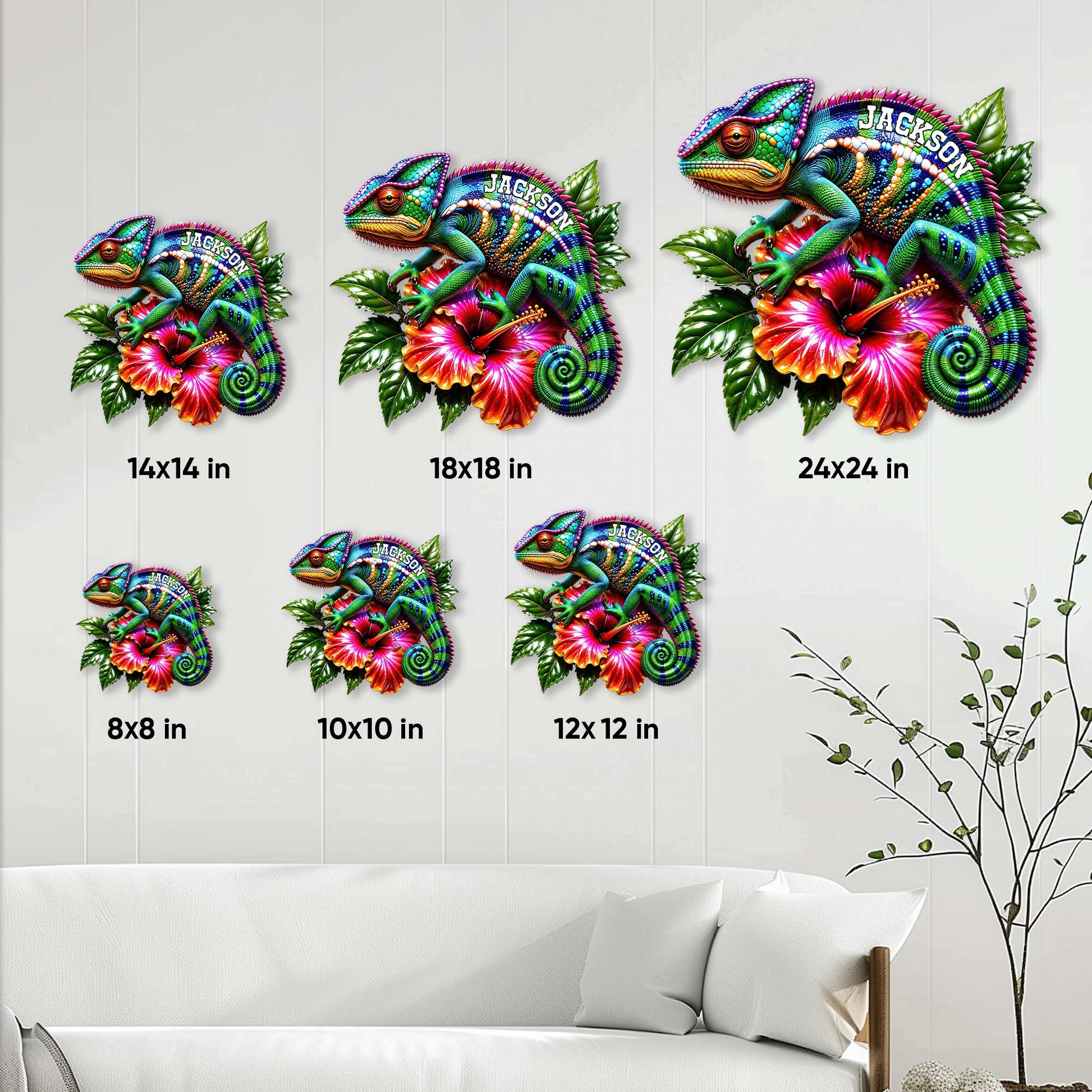 Chameleon wall sign shown in multiple size options above a modern living room sofa