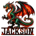 Vivid green and red winged dragon metal sign with a fiery lava-inspired base