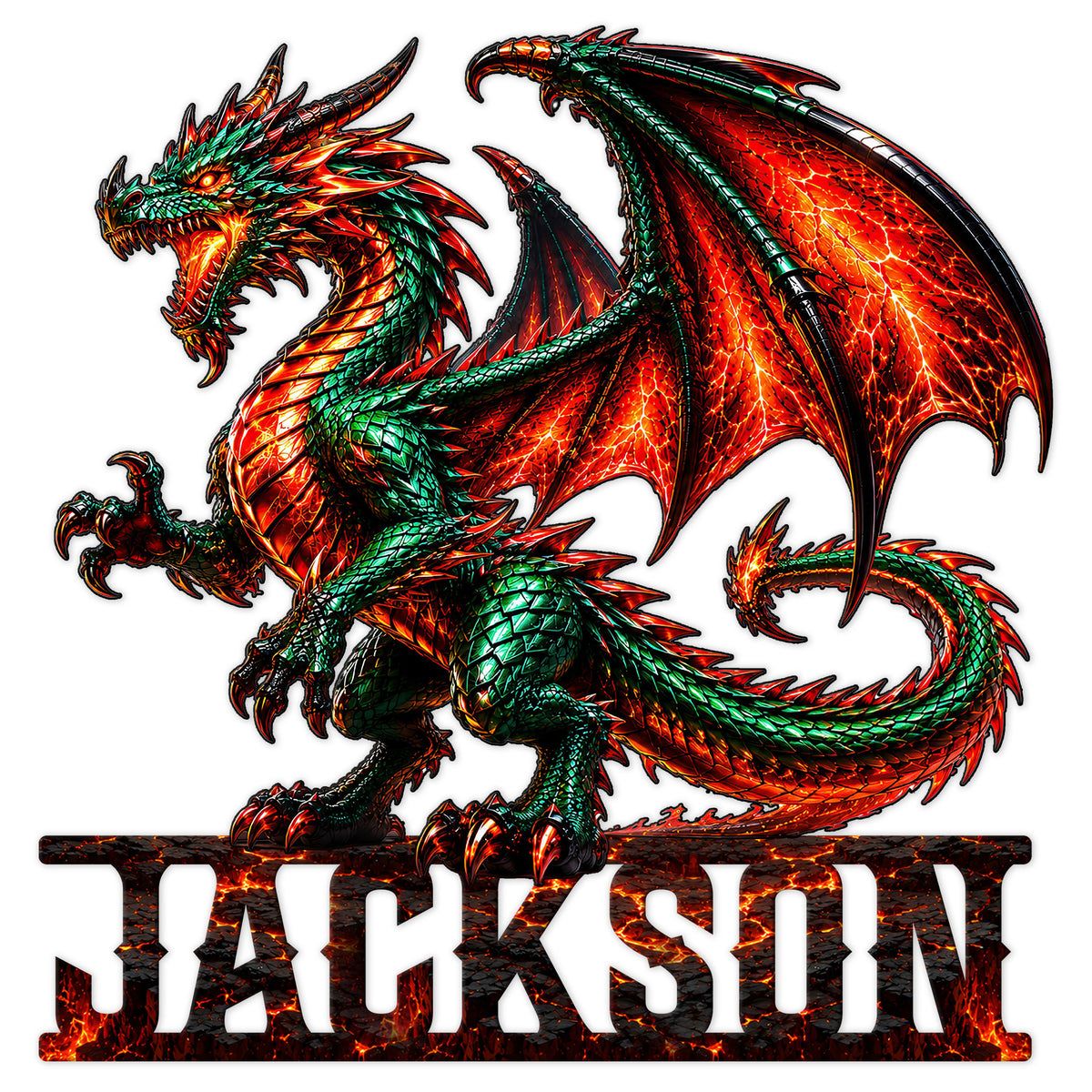 Vivid green and red winged dragon metal sign with a fiery lava-inspired base