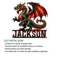 Green and red dragon cut metal sign shown with feature details for indoor or outdoor display