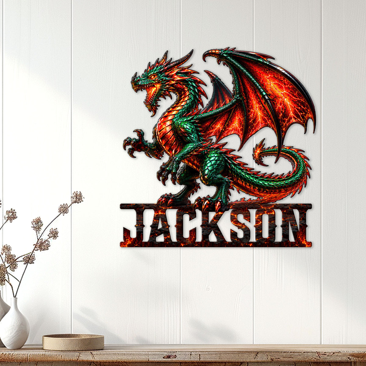 Colorful winged dragon metal wall sign displayed on a bright paneled living room wall
