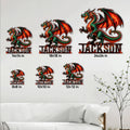 Dragon metal sign size guide showing 8 to 24 inch display options in a living room